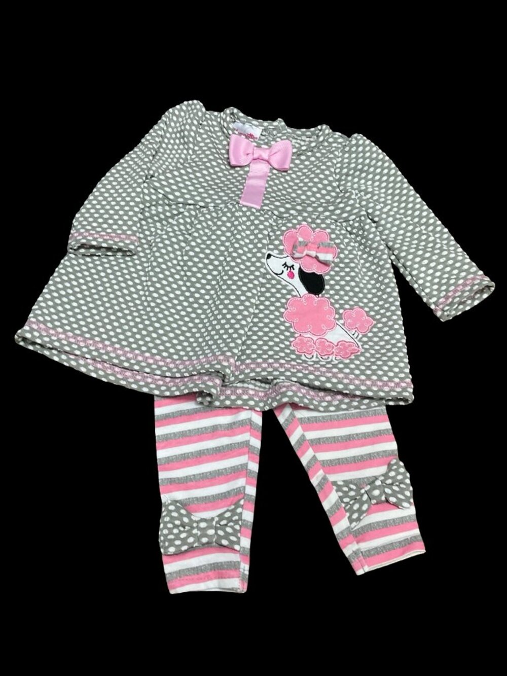 Grey/Pink 2 Piece Polka Dot Print Outfit w/ Poodle Applique & Bow Details